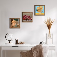 Pinecone Stone Van Gogh On İki Ayçiçekli Vazo, İki Müzisyen Kız, Nar Ahşap Çerçeveli Taş Duvar Tablosu 3’lü Set – 25x25 cm Dekoratif Modern Sanat – Ev ve Ofis Dekoru |W3-1509|