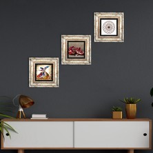 Pinecone Stone Yaşam Çiçeği, Semazen, Nar Çerçeveli Taş Duvar Tablosu 3’lü Set - Dekoratif Modern Sanat, Ev ve Ofis Dekoru |TK3-873|
