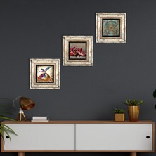 Pinecone Stone Yaşam Çiçeği, Semazen, Nar Çerçeveli Taş Duvar Tablosu 3’lü Set - Dekoratif Modern Sanat, Ev ve Ofis Dekoru |TK3-878|