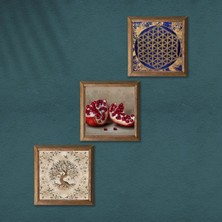Pinecone Yaşam Çiçeği, Hayat Ağacı, Nar Taş Duvar Tablosu Ahşap Çerçeveli Duvar Dekoru 3 Parça Tablo Seti Wall Art W3-923