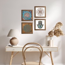 Pinecone Stone Yaşam Çiçeği, Sri Yantra, Fatma Ana Eli (Hamsa) Ahşap Çerçeveli Taş Duvar Tablosu 4’lü Set – 25x25 cm Dekoratif Modern Sanat – Ev ve Ofis Dekoru |W4-418|