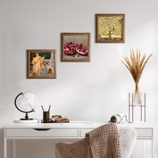 Pinecone Stone Gustav Klimt Hayat Ağacı, İki Müzisyen Kız Tablosu, Nar Ahşap Çerçeveli Taş Duvar Tablosu 3’lü Set – 25x25 cm Dekoratif Modern Sanat – Ev ve Ofis Dekoru |W3-1463|