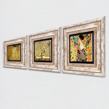 Pinecone Gustav Klimt Yelpazeli Kadın, Bauer Portre, Hayat Ağacı Taş Duvar Tablosu Çerçeveli Duvar Dekoru 3 Parça Tablo Seti Wall Art T3-86