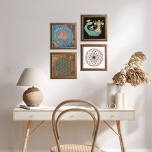Pinecone Stone Yaşam Çiçeği, Şahmeran Ahşap Çerçeveli Taş Duvar Tablosu 4’lü Set – 25x25 cm Dekoratif Modern Sanat – Ev ve Ofis Dekoru |W4-473|