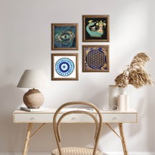 Pinecone Stone Nazar, Yaşam Çiçeği, Şahmeran Ahşap Çerçeveli Taş Duvar Tablosu 4’lü Set – 25x25 cm Dekoratif Modern Sanat – Ev ve Ofis Dekoru |W4-785|