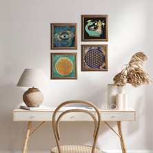 Pinecone Stone Nazar, Lotus Çiçeği, Yaşam Çiçeği, Şahmeran Ahşap Çerçeveli Taş Duvar Tablosu 4’lü Set – 25x25 cm Dekoratif Modern Sanat – Ev ve Ofis Dekoru |W4-789|