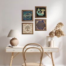 Pinecone Stone Nazar, Yaşam Çiçeği, Şahmeran, Hayat Ağacı Ahşap Çerçeveli Taş Duvar Tablosu 4’lü Set – 25x25 cm Dekoratif Modern Sanat – Ev ve Ofis Dekoru |W4-794|