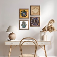 Pinecone Stone Lotus Çiçeği, Yaşam Çiçeği, Nazar, Fatma Ana Eli (Hamsa) Ahşap Çerçeveli Taş Duvar Tablosu 4’lü Set – 25x25 cm Dekoratif Modern Sanat – Ev ve Ofis Dekoru |W4-802|