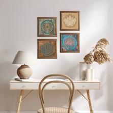Pinecone Stone Yaşam Çiçeği, Lotus Çiçeği Ahşap Çerçeveli Taş Duvar Tablosu 4’lü Set – 25x25 cm Dekoratif Modern Sanat – Ev ve Ofis Dekoru |W4-824|