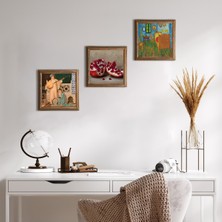 Pinecone Stone Van Gogh Yatak Odası, İki Müzisyen Kız, Nar Ahşap Çerçeveli Taş Duvar Tablosu 3’lü Set – 25x25 cm Dekoratif Modern Sanat – Ev ve Ofis Dekoru |W3-1512|