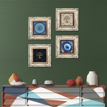 Pinecone Stone Nazar, Hayat Ağacı Çerçeveli Taş Duvar Tablosu 4’lü Set - Dekoratif Modern Sanat, Ev ve Ofis Dekoru |TK4-1572|