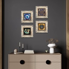 Pinecone Stone Yaşam Çiçeği, Nazar, Şahmeran Çerçeveli Taş Duvar Tablosu 4’lü Set - Dekoratif Modern Sanat, Ev ve Ofis Dekoru |TK4-1215|