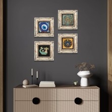 Pinecone Stone Yaşam Çiçeği, Nazar, Şahmeran Çerçeveli Taş Duvar Tablosu 4’lü Set - Dekoratif Modern Sanat, Ev ve Ofis Dekoru |TK4-1218|