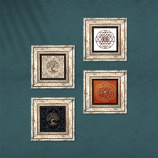 Pinecone Sri Yantra, Hayat Ağacı Taş Duvar Tablosu Çerçeveli Duvar Dekoru 4 Parça Tablo Seti Wall Art T4-123