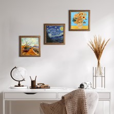 Pinecone Stone Van Gogh Ahşap Çerçeveli Taş Duvar Tablosu 3’lü Set – 25x25 cm Dekoratif Modern Sanat – Ev ve Ofis Dekoru |W3-92|