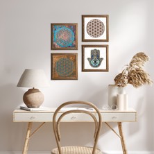 Pinecone Stone Yaşam Çiçeği, Fatma Ana Eli (Hamsa) Ahşap Çerçeveli Taş Duvar Tablosu 4’lü Set – 25x25 cm Dekoratif Modern Sanat – Ev ve Ofis Dekoru |W4-419|