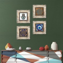 Pinecone Stone Nazar, Yaşam Çiçeği, Fatma Ana Eli (Hamsa) Çerçeveli Taş Duvar Tablosu 4’lü Set - Dekoratif Modern Sanat, Ev ve Ofis Dekoru |TK4-1581|