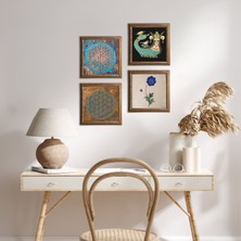 Pinecone Stone Yaşam Çiçeği, Ebru Sanatı, Şahmeran Ahşap Çerçeveli Taş Duvar Tablosu 4’lü Set – 25x25 cm Dekoratif Modern Sanat – Ev ve Ofis Dekoru |W4-463|