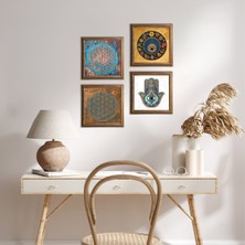 Pinecone Stone Yaşam Çiçeği, Nazar, Fatma Ana Eli (Hamsa) Ahşap Çerçeveli Taş Duvar Tablosu 4’lü Set – 25x25 cm Dekoratif Modern Sanat – Ev ve Ofis Dekoru |W4-405|