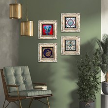 Pinecone Stone Fil, Tavus Kuşu, Çini Sanatı Çerçeveli Taş Duvar Tablosu 4’lü Set - Dekoratif Modern Sanat, Ev ve Ofis Dekoru |TK4-299|