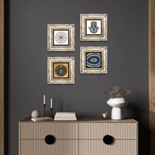 Pinecone Stone Yaşam Çiçeği, Nazar, Fatma Ana Eli (Hamsa) Çerçeveli Taş Duvar Tablosu 4’lü Set - Dekoratif Modern Sanat, Ev ve Ofis Dekoru |TK4-1033|