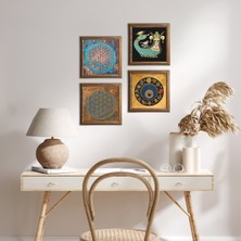 Pinecone Stone Yaşam Çiçeği, Nazar, Şahmeran Ahşap Çerçeveli Taş Duvar Tablosu 4’lü Set – 25x25 cm Dekoratif Modern Sanat – Ev ve Ofis Dekoru |W4-456|