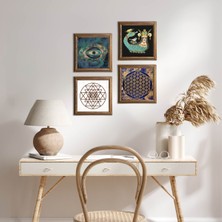 Pinecone Stone Nazar, Sri Yantra, Yaşam Çiçeği, Şahmeran Ahşap Çerçeveli Taş Duvar Tablosu 4’lü Set – 25x25 cm Dekoratif Modern Sanat – Ev ve Ofis Dekoru |W4-793|