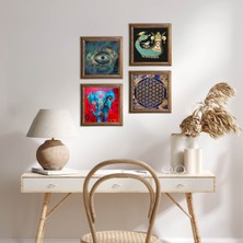 Pinecone Stone Fil, Nazar, Yaşam Çiçeği, Şahmeran Ahşap Çerçeveli Taş Duvar Tablosu 4’lü Set – 25x25 cm Dekoratif Modern Sanat – Ev ve Ofis Dekoru |W4-788|