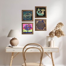 Pinecone Stone Nazar, Yaşam Çiçeği, Hayat Ağacı, Şahmeran Ahşap Çerçeveli Taş Duvar Tablosu 4’lü Set – 25x25 cm Dekoratif Modern Sanat – Ev ve Ofis Dekoru |W4-796|