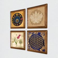 Pinecone Lotus Çiçeği, Yaşam Çiçeği, Lale, Nazar Taş Duvar Tablosu Ahşap Çerçeveli Duvar Dekoru 4 Parça Tablo Seti Wall Art W4-803