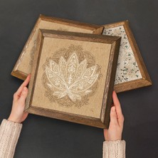Pinecone Lotus Çiçeği, Yaşam Çiçeği, Lale, Nazar Taş Duvar Tablosu Ahşap Çerçeveli Duvar Dekoru 4 Parça Tablo Seti Wall Art W4-803