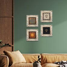 Pinecone Stone Yaşam Çiçeği, Sri Yantra, Hayat Ağacı Çerçeveli Taş Duvar Tablosu 4’lü Set - Dekoratif Modern Sanat, Ev ve Ofis Dekoru |TK4-496|