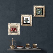 Pinecone Stone Hayat Ağacı, Nar, Fatma Ana Eli (Hamsa) Çerçeveli Taş Duvar Tablosu 3’lü Set - Dekoratif Modern Sanat, Ev ve Ofis Dekoru |TK3-201|