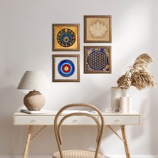 Pinecone Stone Lotus Çiçeği, Yaşam Çiçeği, Nazar Ahşap Çerçeveli Taş Duvar Tablosu 4’lü Set – 25x25 cm Dekoratif Modern Sanat – Ev ve Ofis Dekoru |W4-814|