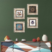 Pinecone Stone Nazar, Sri Yantra, Yaşam Çiçeği, Şahmeran Çerçeveli Taş Duvar Tablosu 4’lü Set - Dekoratif Modern Sanat, Ev ve Ofis Dekoru |TK4-1419|