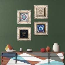Pinecone Nazar, Çini Sanatı, Hayat Ağacı Taş Duvar Tablosu Çerçeveli Duvar Dekoru 4 Parça Tablo Seti Wall Art T4-1553