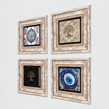 Pinecone Nazar, Çini Sanatı, Hayat Ağacı Taş Duvar Tablosu Çerçeveli Duvar Dekoru 4 Parça Tablo Seti Wall Art T4-1553