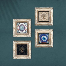 Pinecone Nazar, Çini Sanatı, Hayat Ağacı Taş Duvar Tablosu Çerçeveli Duvar Dekoru 4 Parça Tablo Seti Wall Art T4-1553
