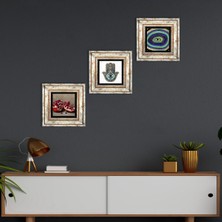 Pinecone Stone Nazar, Nar, Fatma Ana Eli (Hamsa) Çerçeveli Taş Duvar Tablosu 3’lü Set - Dekoratif Modern Sanat, Ev ve Ofis Dekoru |TK3-752|