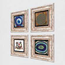 Pinecone Yaşam Çiçeği, Nazar, Şahmeran Taş Duvar Tablosu Çerçeveli Duvar Dekoru 4 Parça Tablo Seti Wall Art T4-1262