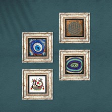 Pinecone Yaşam Çiçeği, Nazar, Şahmeran Taş Duvar Tablosu Çerçeveli Duvar Dekoru 4 Parça Tablo Seti Wall Art T4-1262