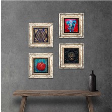 Pinecone Stone Fil, Yaşam Çiçeği, Hayat Ağacı, Nar Çerçeveli Taş Duvar Tablosu 4’lü Set - Dekoratif Modern Sanat, Ev ve Ofis Dekoru |TK4-852|