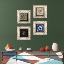 Pinecone Stone Nazar, Mandala, Hayat Ağacı Çerçeveli Taş Duvar Tablosu 4’lü Set - Dekoratif Modern Sanat, Ev ve Ofis Dekoru |TK4-1579|