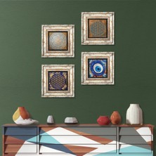 Pinecone Stone Nazar, Yaşam Çiçeği, Sri Yantra Çerçeveli Taş Duvar Tablosu 4’lü Set - Dekoratif Modern Sanat, Ev ve Ofis Dekoru |TK4-1593|