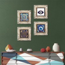 Pinecone Stone Nazar, Mandala, Yaşam Çiçeği Çerçeveli Taş Duvar Tablosu 4’lü Set - Dekoratif Modern Sanat, Ev ve Ofis Dekoru |TK4-1622|