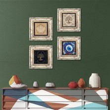 Pinecone Stone Nazar, Lotus Çiçeği, Hayat Ağacı Çerçeveli Taş Duvar Tablosu 4’lü Set - Dekoratif Modern Sanat, Ev ve Ofis Dekoru |TK4-1567|