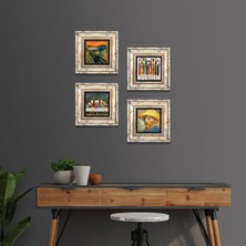 Pinecone Stone Van Gogh, Leonardo da Vinci, Çığlık, Yerli Kadınlar Çerçeveli Taş Duvar Tablosu 4’lü Set - Dekoratif Modern Sanat, Ev ve Ofis Dekoru |TK4-1757|