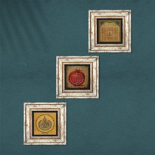 Pinecone Ayet-el Kürsi, Esma'ül Hüsna, Bereket Duası Taş Duvar Tablosu Çerçeveli Duvar Dekoru 3 Parça Tablo Seti Wall Art T3-132