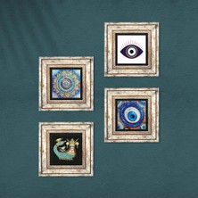 Pinecone Nazar, Mandala, Şahmeran Taş Duvar Tablosu Çerçeveli Duvar Dekoru 4 Parça Tablo Seti Wall Art T4-1610