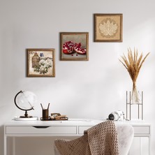 Pinecone Stone Lotus Çiçeği, Kelebekli Çiçek, Nar Ahşap Çerçeveli Taş Duvar Tablosu 3’lü Set – 25x25 cm Dekoratif Modern Sanat – Ev ve Ofis Dekoru |W3-1092|